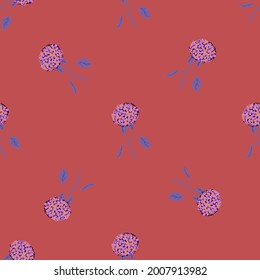 Helles minimalistisches Muster, nahtlos mit rosafarbenen und violetten Hydrangea-Blumenformen. Vektorgrafik für saisonale Stoffdrucke, Stoffe, Banner, Hintergründe und Wallpaper.