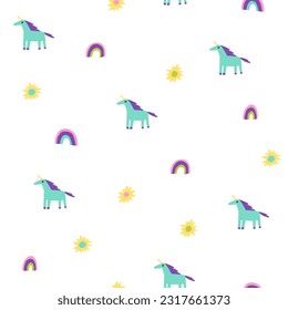 Bright minimalistic trendy seamless pattern with unicorns, rainbow and sun on white background. Minimalistic baby naive pattern. 