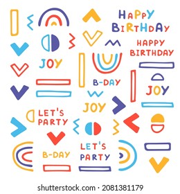 Un conjunto festivo universal brillante y minimalista de figuras geométricas lindas, garabatos e inscripciones. La colección perfecta para varios eventos, fiestas de cumpleaños, saludos, envolturas, postales, textiles