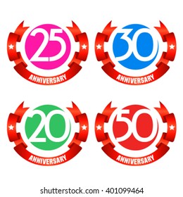 Bright minimalistic vector greeting 20, 25, 30, 50 anniversary card with red ribbons. Gift for birthday, wedding and other celebration