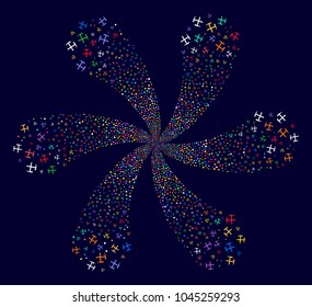 Bright Mining Hammers twirl bang on a dark background. Hypnotic flower with six petals created from random mining hammers symbols.