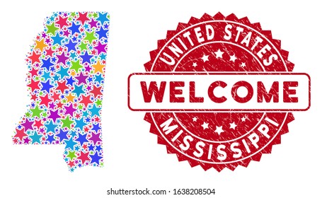 Bright Mississippi State map collage of stars, and distress round red WELCOME seal. Abstract territory plan in bright color tones. Vector Mississippi State map is designed from color stars.