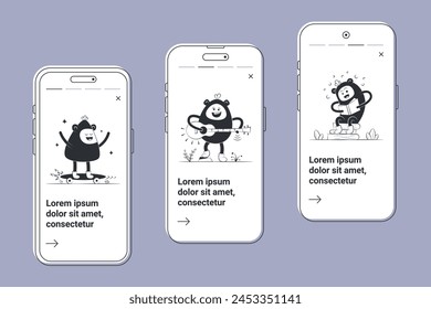 Bright mobile app illustration: skater, guitarist, and reader characters on smartphone screens. Dynamic and modern