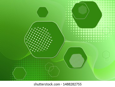 Bright modern abstract background of hexagons, dots and wave lines. Business template for brochure, cover, banner, flyer. Vector illustration for your design.
