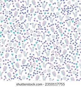Helle, moderne abstrakte Punktzeichnung der Polka, Herzen, Linien, Striche, handgezeichnet nahtloses Muster. Funny Vector bunt Illustration in einfachem Cartoon skandinavischen Stil. Kinderdesign für Kinder.