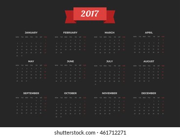 Bright Modern black Calendar for 2017. Week Starts Monday. Crear design Vector illustration.