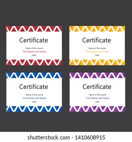 Bright modern certificates with gradient triangles, statements of accomplishment, gift certificate, 4 colors, A4 format
