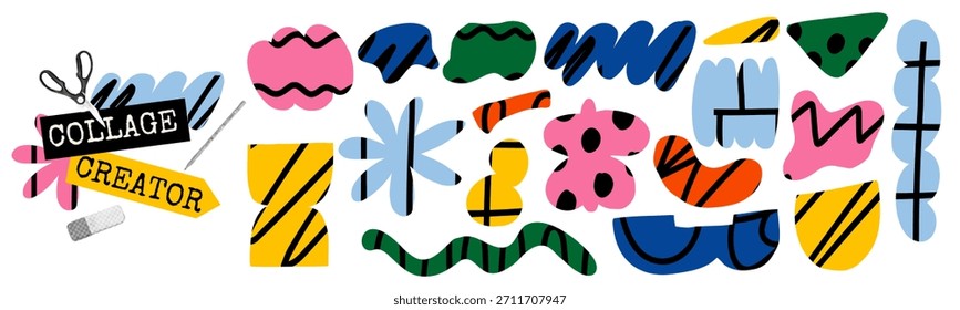 Bright and modern collage with doodle-inspired elements. Funky cutout shapes set. Great for trendy print design and joyful decoration