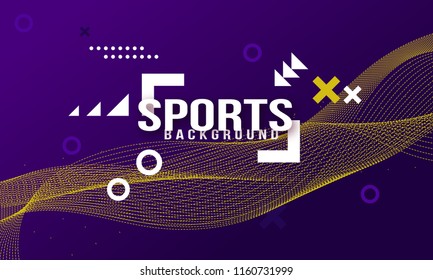 Bright modern colored poster for sports purple backdrop with yellow dynamic waves of sound dynamic sports background for playing football basketball or croquet.. Vector Sport Illustration 