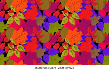 Brillante moderno colorido patrón sin fisuras varias hojas de fondo negro, vibrante diseño de follaje contemporáneo, repitiendo la ilustración de Web de hojas con estilo