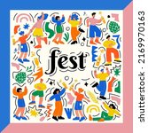 Bright, modern design with dancing people in doodle style. Best for music, summer, food and October festivals. Editable Templates. Vector illustration.
