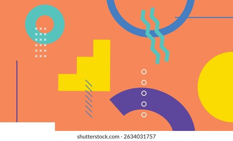 Bright and modern design with yellow, purple, and cyan geometric shapes on orange. Great for tech, music, and vibrant creative designs.