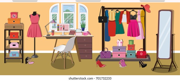 Bright modern designer's room with workplace and large window. Comfortable furniture - table, chair, coat rack and shelves. stylish clothes, shoes and accessories. Flat style vector illustration.