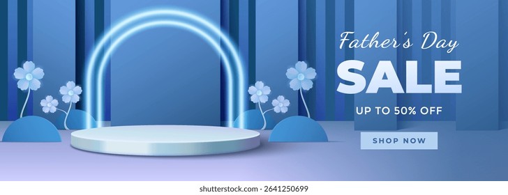 Bright and modern digital advertisement promoting a Fathers Day sale featuring a clean blue theme, circular display podium, and decorative floral elements in a minimalistic graphic composition.