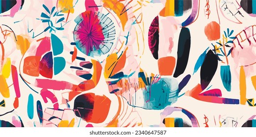 Bright modern ethnic collage artistic print. Colorful contemporary seamless pattern. Hand drawn cartoon style.