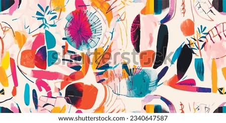 Bright modern ethnic collage artistic print. Colorful contemporary seamless pattern. Hand drawn cartoon style.