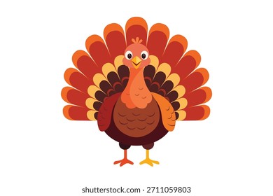 Ein helles und modernes, flaches Design, das einen fröhlichen Thanksgiving-Truthahn mit leuchtend orangefarbenen, roten und gelben Schwanzfedern illustriert. 