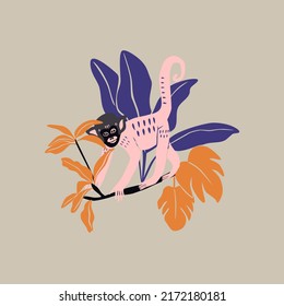 Bright and modern flat style tropical squirrel monkey poster with jungle leaves