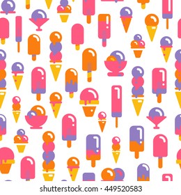 Bright modern flat tasty seamless pattern with different types of ice cream. Vector geometric hot summer Illustration for local farm market or some handmade ice-cream isolated on white background