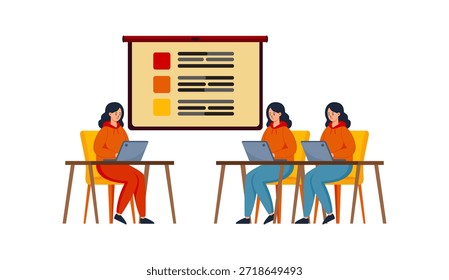 Una Ilustración vectorial luminosa y moderna de estilo plano que representa actividades de aprendizaje en el aula: tres estudiantes enfocados sentados en escritorios con computadoras portátiles, comprometidos frente a un Grande tablero de presentación que muestra contenido educativo. Perfecto para la escuela, la universidad, la clase en línea, el estudio en grupo, la educación digital o los conceptos de enseñanza modernos. 