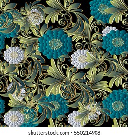 Bright modern floral 3d seamless pattern background wallpaper illustration with vintage decorative white and blue surface flowers, green leaves and luxury flowery ornaments.Vector flourish fabric.