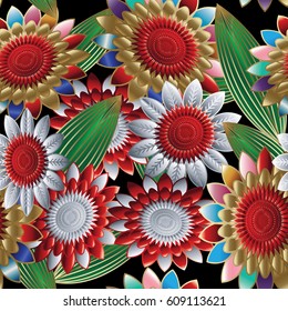 Bright  modern floral seamless pattern. Colorful flourish background wallpaper illustration with vintage 3d  flowers, green leaves and flowery ornaments. Vector luxury surface  texture 