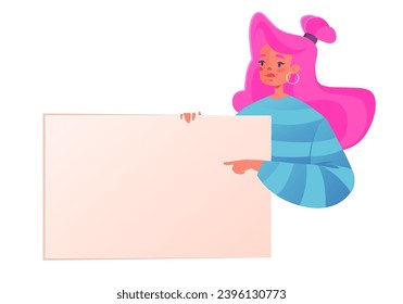 Bright modern girl holding a banner. Place for text, your advertisement, announcement. A girl with pink hair smiling and pointing her finger at a blank sheet of paper. Vector cartoon illustration 