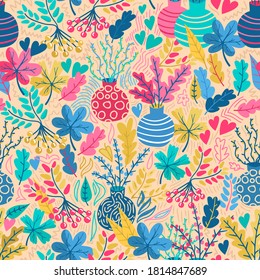 Bright modern hand drawn pattern. Colorful sticks with berries, leaves, autumn or summer season. Nice handmade vases with decoration. Warm palette colors. Textile or paper design.