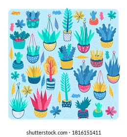Bright modern hand drawn plants set. Colorful sticks, berries, leaves. Nice handmade vases, pots with decoration. Blue green colors with yellow and pink. Floral herbal homeplants elements for design.