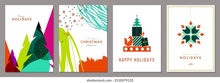 Bright modern Holiday cards. Christmas backgrounds with Christmas ornament, Christmas trees, snowflakes, abstract elements, gift box.  For graphic and web design, social media banner.