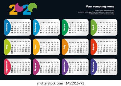 Bright modern Horizontal calendar template for 2020 years. Week starts from Sunday. rainbow color For business on black background. Vector illustration. 
