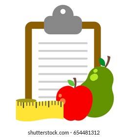 Bright and modern icon with apple, pear, ruler and list for notes on white background. The whole concept symbolizes healthy lifestyle.