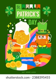 Brillante ilustración moderna para el Día de San Patricio. Un gnomo alegre, una roca de champú, una cerveza, un arco iris y una olla de oro brillante. Sumérjase en el espíritu vacacional con los colores verde e irlandés.