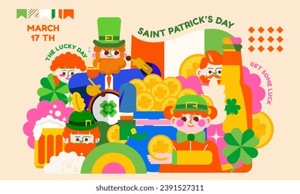 Bright modern illustration for St. Patrick's Day. A jolly gnome, leprechauns, shamrocks, beer, lots of shiny gold in a pot. Get into the holiday spirit with green and Irish colors.