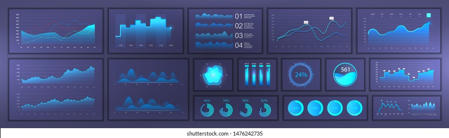 Bright modern infographic with data and charts, statistics graphs and finance analysis in futuristic style. Web elements UI UX design, modern style. Business infographic template set. Vector