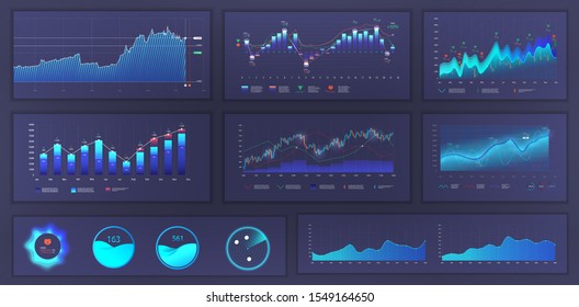 Bright modern infographic with data and charts, statistics graphs and finance analysis in futuristic style. UI,  UX web elements design, modern style. Blue Business infographic template set. Vector