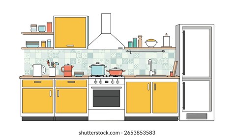 A bright and modern kitchen interior design featuring yellow cabinets and a tiled backsplash
