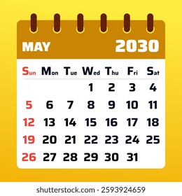 Bright and modern May 2030 calendar with a warm yellow tone. Ideal for organizing work schedules, setting reminders, and planning vacations.