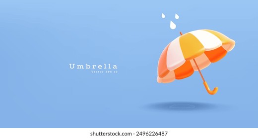 Bright modern open umbrella on a blue background, 3D. For protection concepts. Rainy autumn weather. Vector modern illustration.