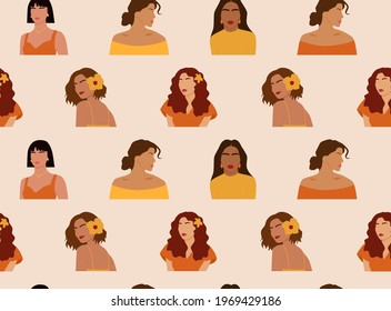 Bright modern pattern with face summer women on colorfull background. Creative fashion characters. Party graphic. Decoration wallpaper.Trendy vector illustration.