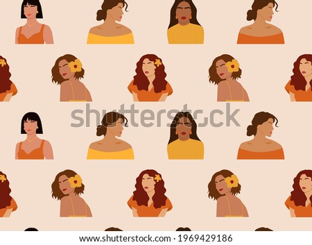 Bright modern pattern with face summer women on colorfull background. Creative fashion characters. Party graphic. Decoration wallpaper.Trendy vector illustration.