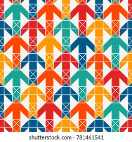 Bright modern print with interlocking arrows. Contemporary abstract background with repeated pointers. Colorful seamless pattern with geometric figures. Creative wallaper. Vector digital paper