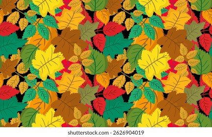 Brillante patrón moderno sin fisuras coloridas hojas de otoño fondo negro, vibrante diseño de follaje de otoño contemporáneo Diseño web elegante ilustración de hoja de otoño