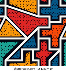 Bright modern seamless pattern. Geometric pop art style dotted surface print. Repeated irregular chaotic grain, geo shapes motif. Vivid contemporary design texture. Vector graffiti abstract background