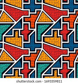Bright modern seamless pattern. Geometric pop art style dotted surface print. Repeated irregular chaotic grain, geo shapes motif. Vivid contemporary design texture. Vector graffiti abstract background