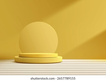 A bright modern setup showing yellow round podiums and circular backdrop on a striped white surface under warm daylight, perfect for product display or minimalist branding scenes