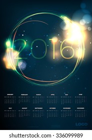 Bright Modern Shiny Vertical Calendar for 2016. Week Starts Monday. Vector design Template