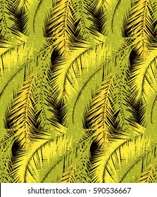 bright modern summer seamless pattern, realistic palm leaf with grunge texture, vector.