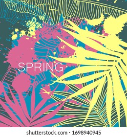 Bright modern trendy graphic vector abstract background with yellow, pink and blue blots and leaves of palm and banana. Banner with vector spots of paint and hand drawn foliage.