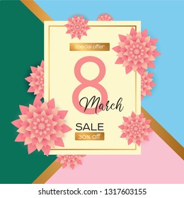 Bright and modern vector banner sale March 8 with pink paper flowers. Happy women's day.